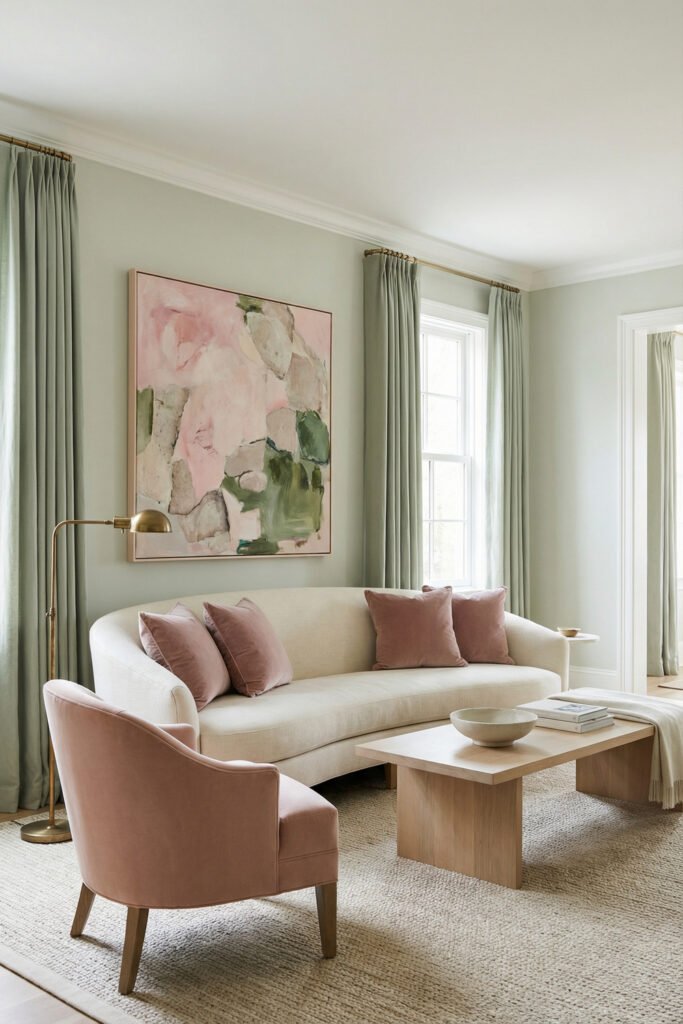 Sage Green Lounge Ideas for a Calm, Collected Living Room 12 Pastel living room with mint sage walls, cream curved sofa, blush chair, pink pillows, abstract art, and light wood table for a soft elegant look.