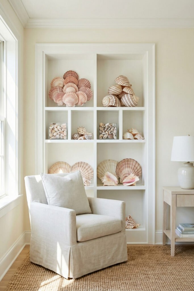 White built-in shelves styled with grouped shells, glass boxes, and oversized scallops behind a slipcovered chair for a collected seashell display.
