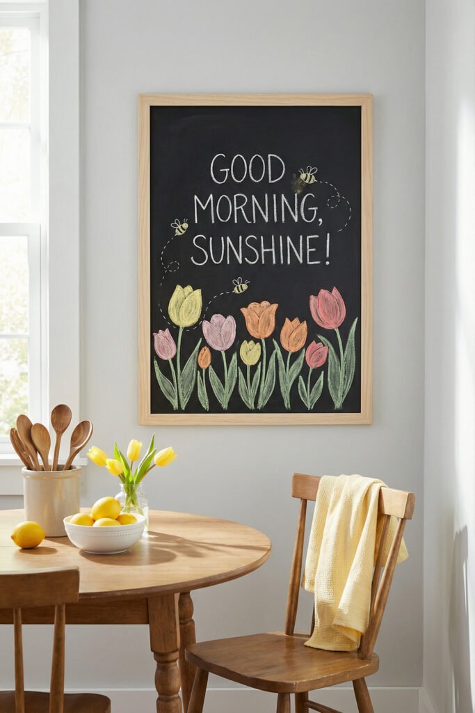 Spring Chalkboard Ideas That Feel Fresh and Easy to Style 9 Kitchen chalkboard with tulips, bees, and “Good Morning, Sunshine!” above a wooden table with lemons, yellow tulips, and cozy breakfast nook styling.