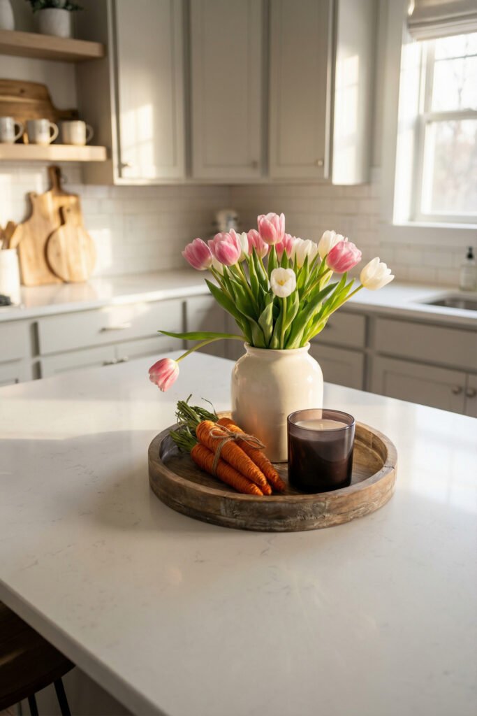 Neutral kitchen island styled with pink and white tulips in a ceramic vase, tied carrots, and a candle on a round wooden tray for subtle spring kitchen décor
