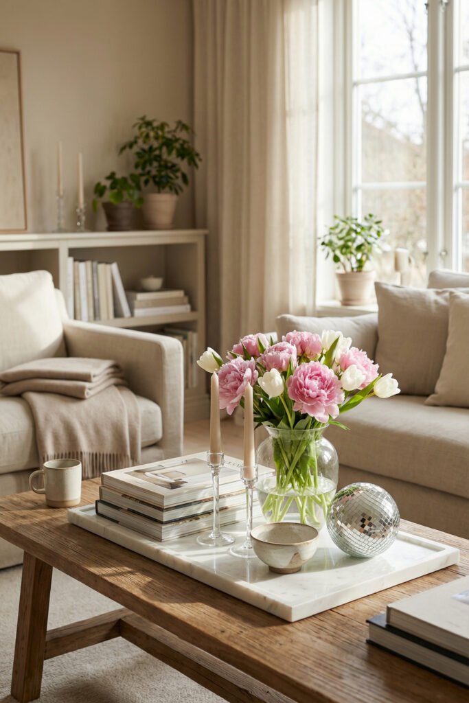 Neutral living room coffee table styled with pink peonies, white tulips, taper candles, books, and a disco ball for fresh spring living room décor.

