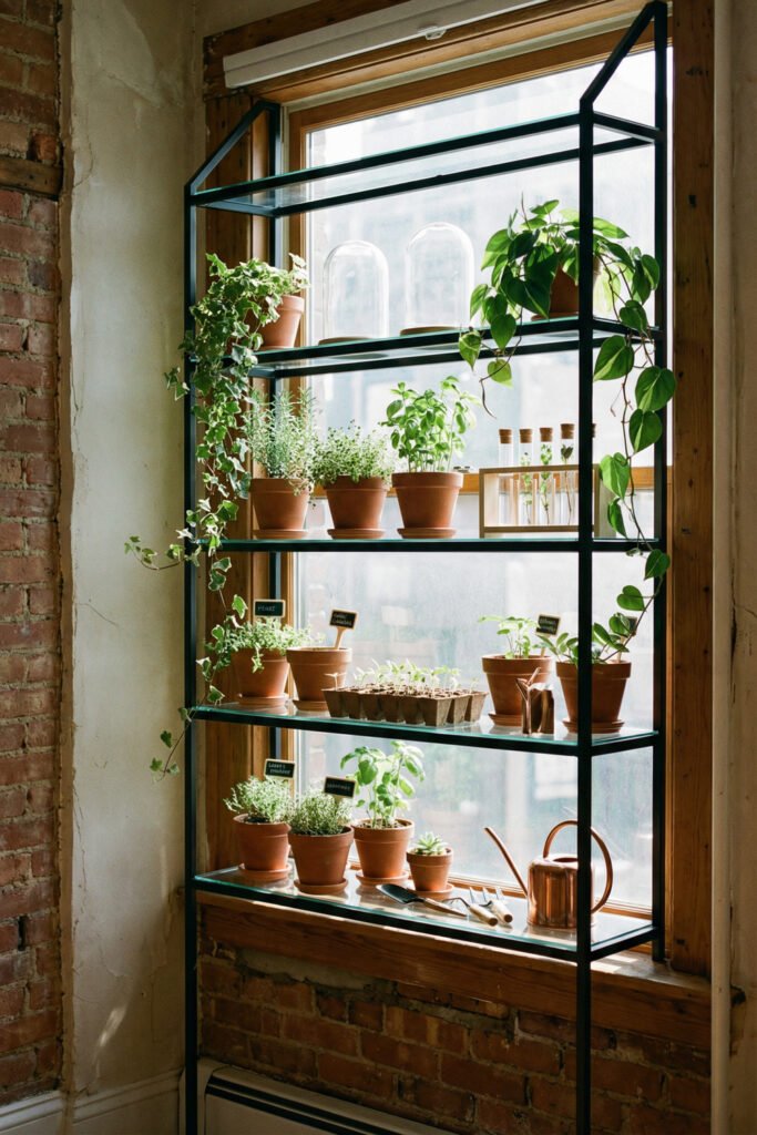 Spring Window Display Ideas For A Light-Filled Season 7 Industrial window shelf styled with potted herbs and trailing plants, offering a practical green take on a spring window display for small spaces.