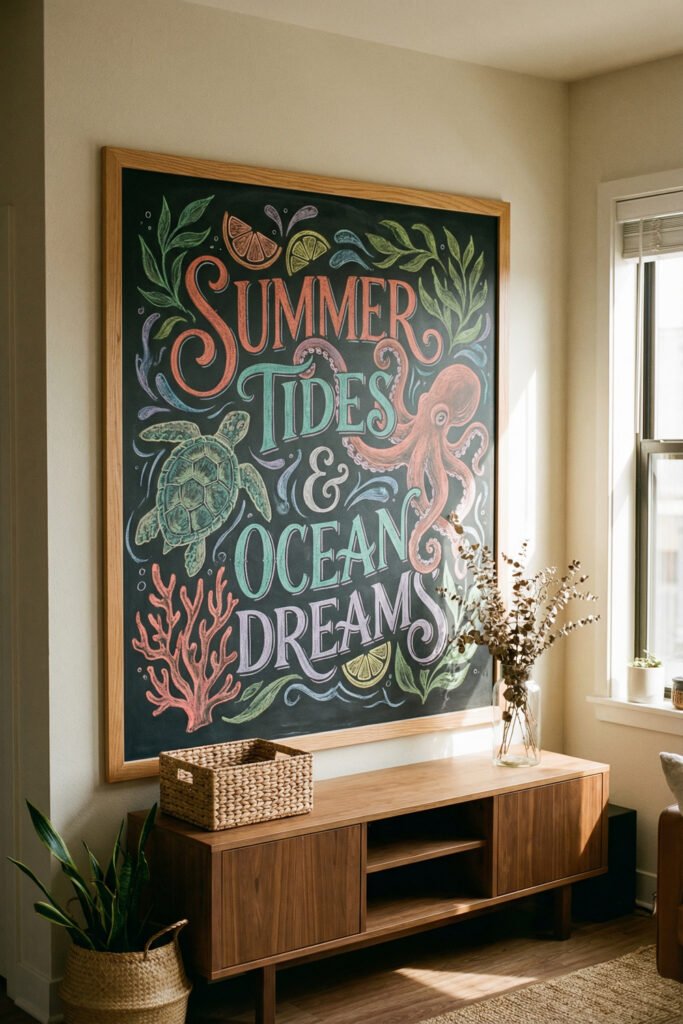 Summer Chalkboard Ideas That Brighten Every Corner 12 Oversized chalkboard mural reading Summer Tides & Ocean Dreams with octopus, turtle, coral, and citrus above a living room media console.