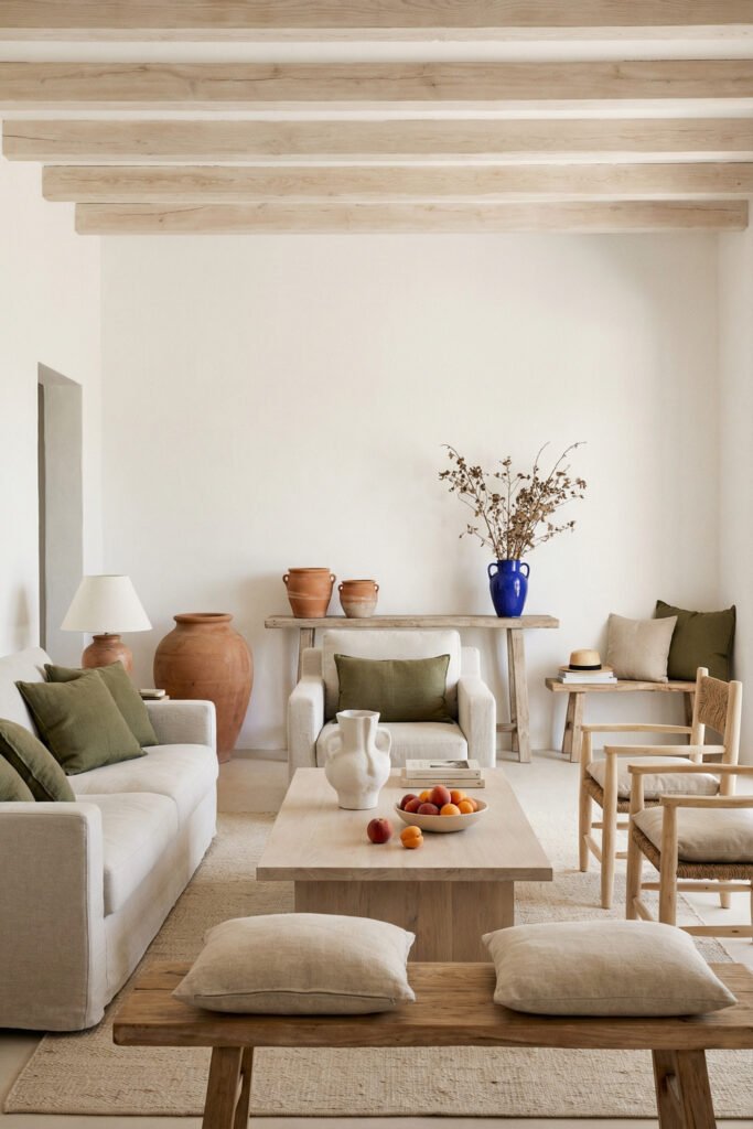 Summer Décor Ideas for an Airy, Collected Home 9 Minimal living room with cream seating, olive pillows, pale wood table, terracotta vases, and rustic beams for earthy summer decor.