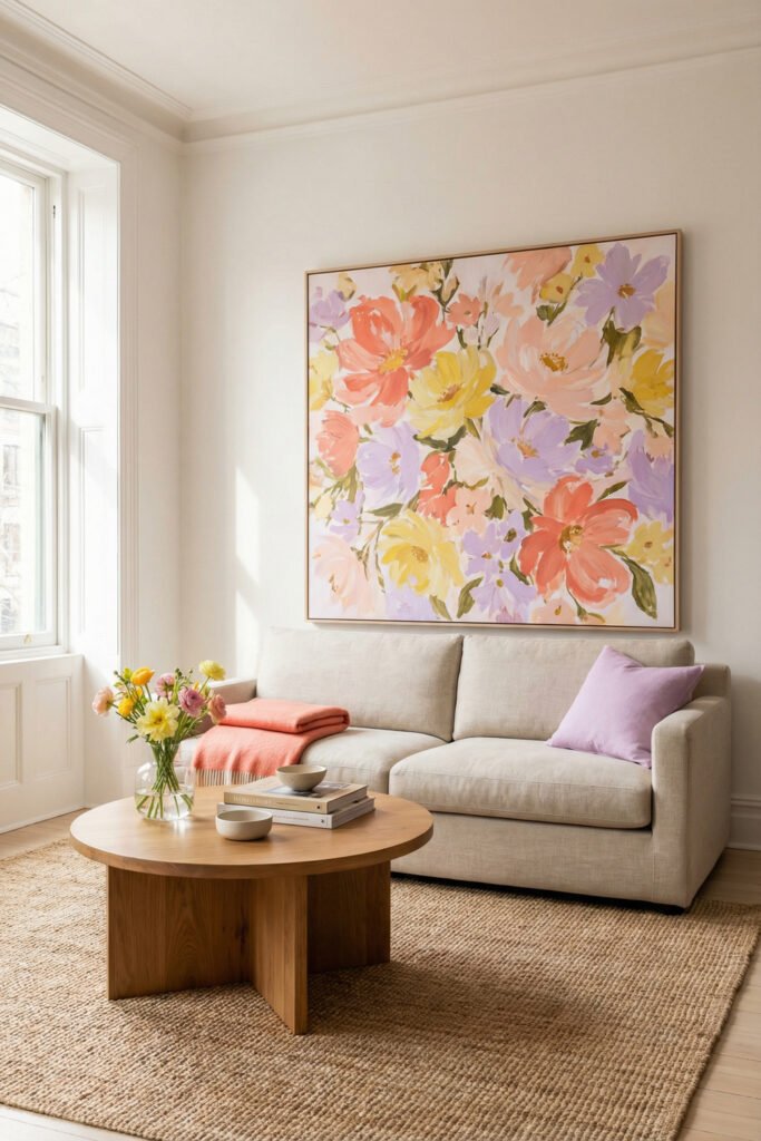 Soft living room with oversized floral wall art, lilac pillow, coral throw, round wood coffee table, and pastel flowers in a vase.
