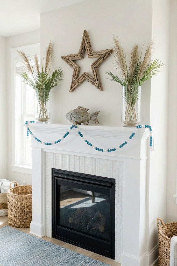 Coastal white mantel with driftwood star, carved fish, bead garland, pampas stems, and palm leaves for relaxed beach-inspired summer mantle décor.
