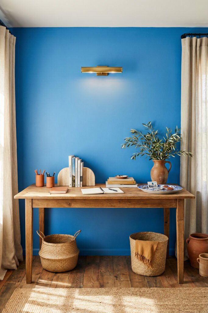 Rustic wood desk against a bold blue wall with terracotta decor, woven baskets, and brass picture light for colorful Summer Office Decor.

