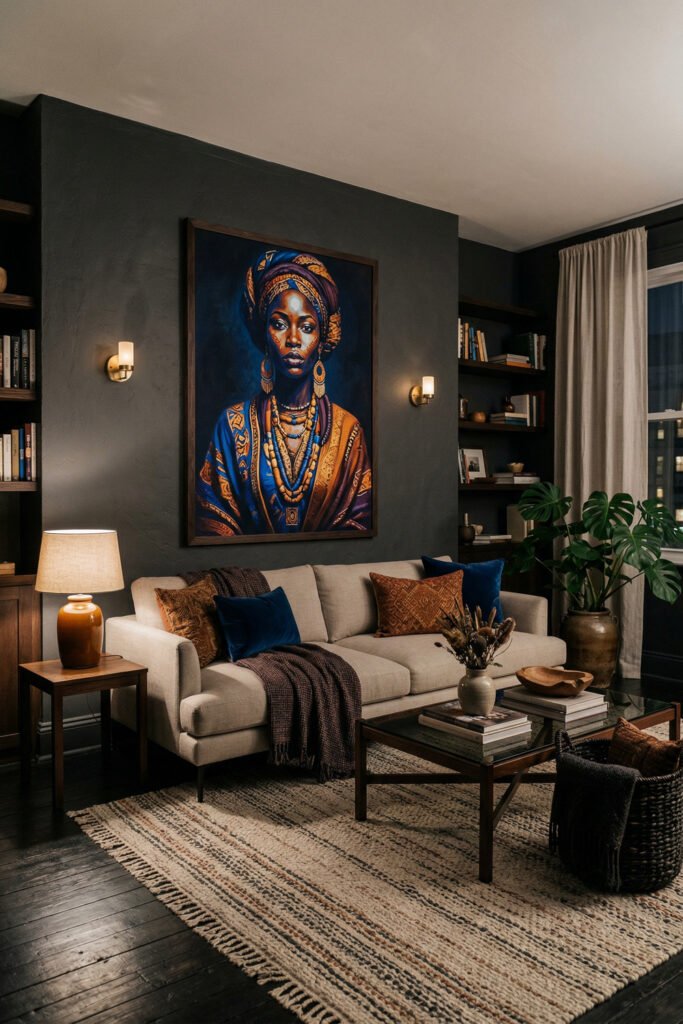 Dark elegant living room with a large Afro Art portrait above a light sofa, deep blue and rust pillows, warm lamp light, dark shelving, and textured rug
