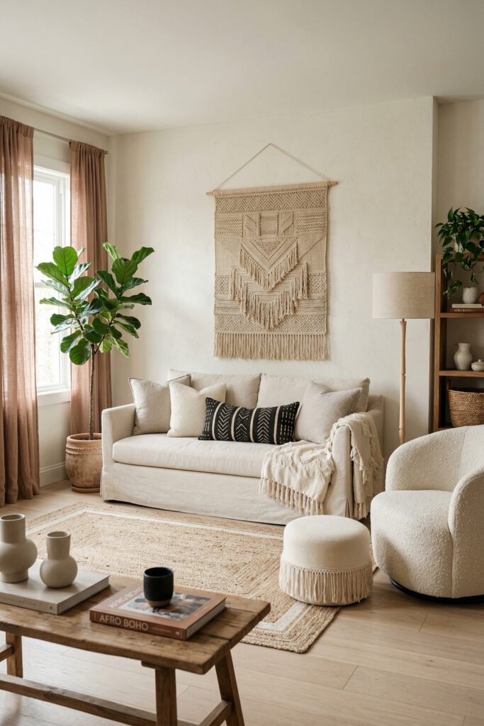 White sofa under a large macrame wall hanging with boucle chair, fringed ottoman, pale rug, and soft neutral layers in an Afro Boho Decor living room.
