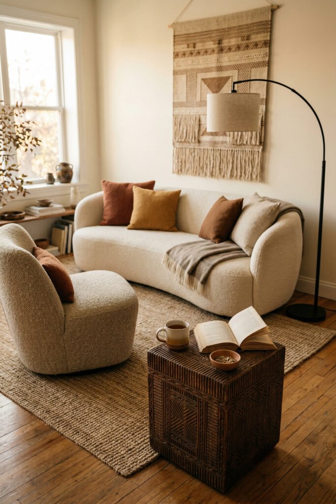 Soft reading nook with boucle chair, curved cream sofa, textile wall hanging, woven rug, arc lamp, and carved cube table.
