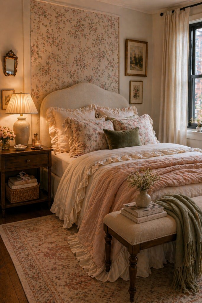 Romantic apartment bedroom with floral backdrop, blush quilt, layered pillows, candlelight, and cozy apartment vibes decor ideas

