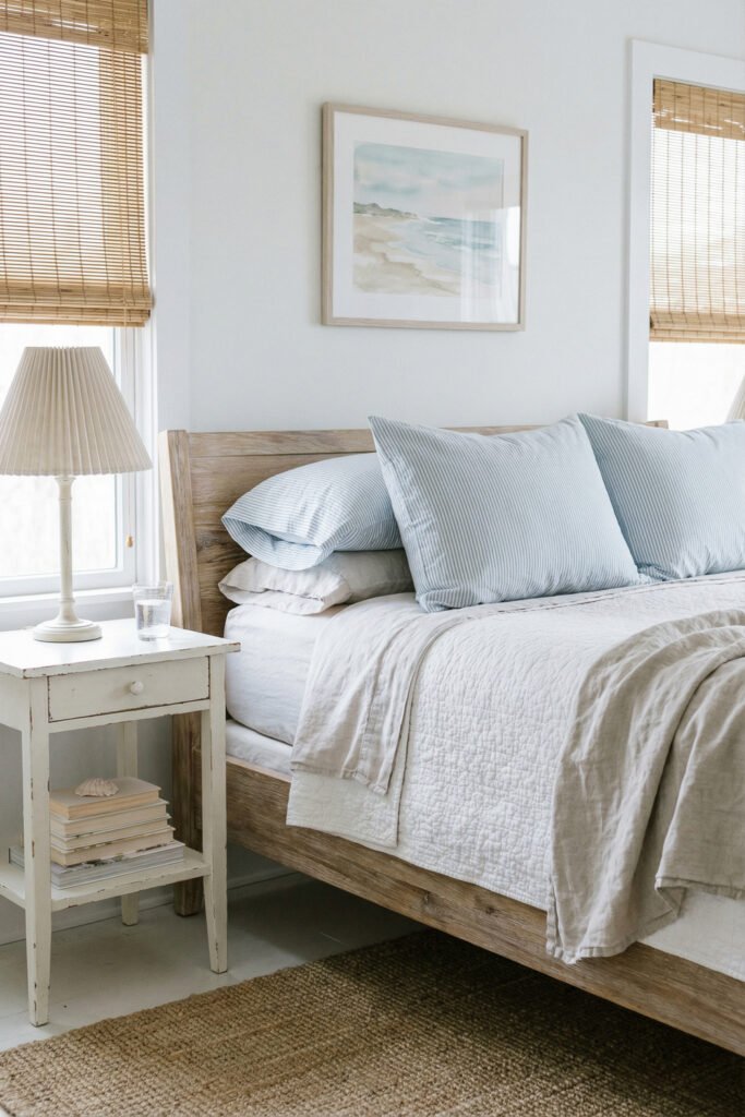 Beach Cottage Decor That Feels Fresh for Summer 9 Close-up of a beachy bedroom with rustic wood bed, white quilt, blue striped pillows, woven shade, and simple cottage nightstand in beach cottage decor.