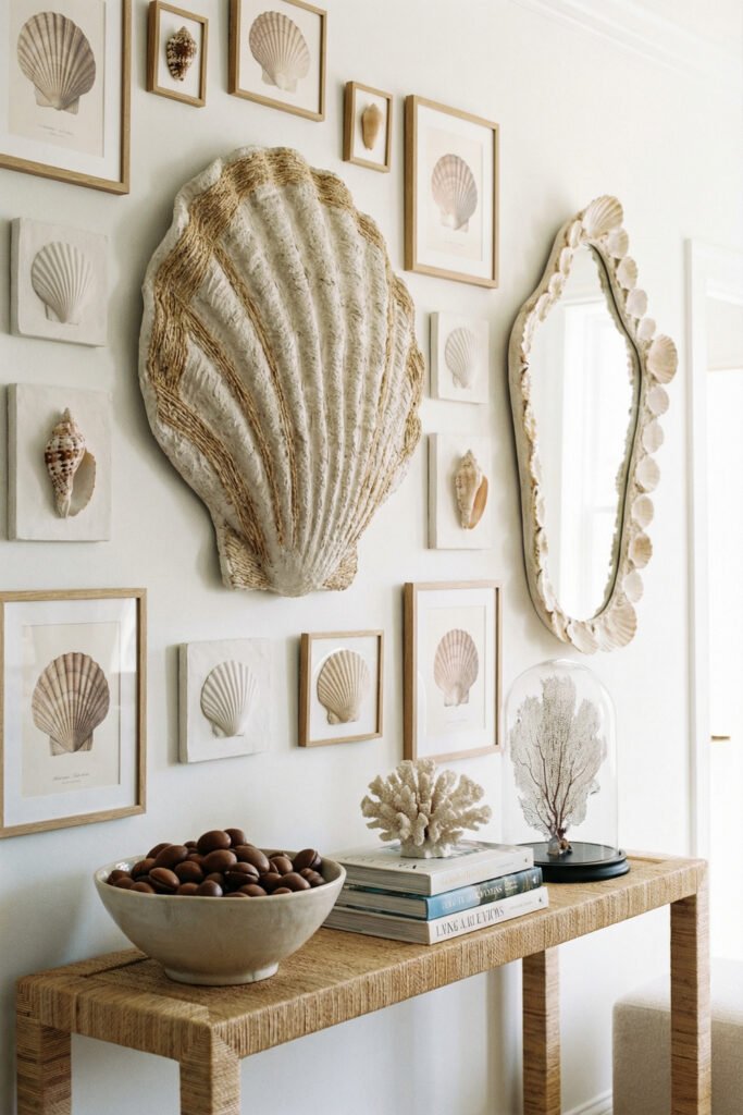 Coastal Summer Aesthetic Ideas for a Breezy Apartment 11 Collected shell wall decor with framed prints, shell mirror, coral accents, and woven console styling in a layered coastal summer aesthetic.