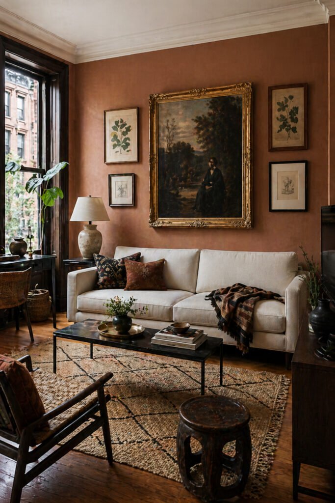Warm terracotta apartment living room with cream sofa, vintage portrait art, layered rugs, plants, and decor ideas with personality
