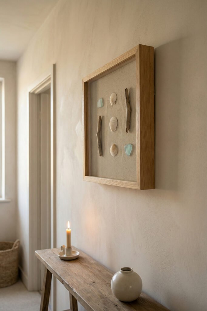 Diy Beach Decor That Feels Fresh for Summer 13 Minimal shadow box with shells, driftwood, and sea glass hung above a console with candle and vase, calm DIY beach decor.