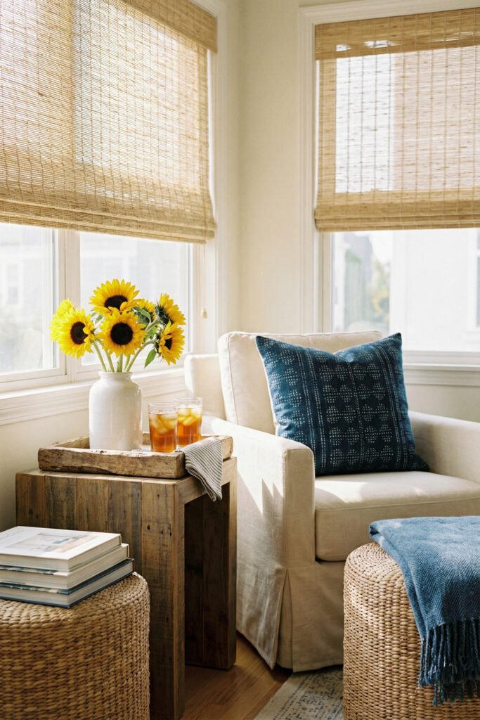 Cream armchair with blue pillow, sunflowers on a rustic side table, wicker ottoman, bamboo shades, and soft light in a farmhouse summer decor corner.
