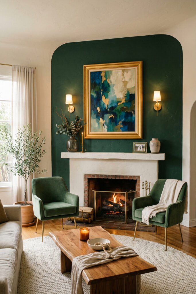 Green And Gold Room Ideas For A Stylish Living Room 13 Dark green fireplace feature with gold sconces, abstract art, velvet chairs, wood coffee table, and cozy cream rug.