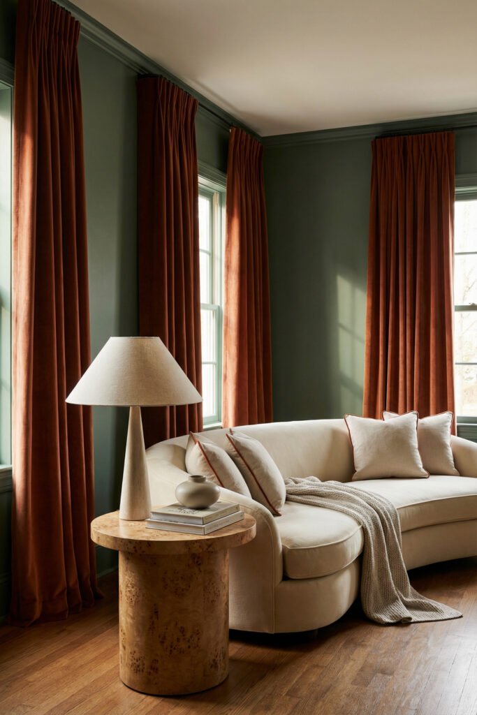 Elegant green and rust living room with dark green walls, rust curtains, curved cream sofa, burl wood side table, and layered neutral textiles.
