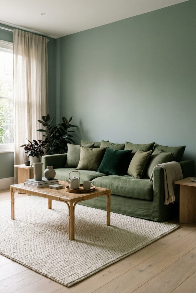 Green Boho Living Room Ideas With Relaxed Style 14 Relaxed green boho living room with muted green wall, plush olive sofa, rattan coffee table, pale rug, and simple layered styling.