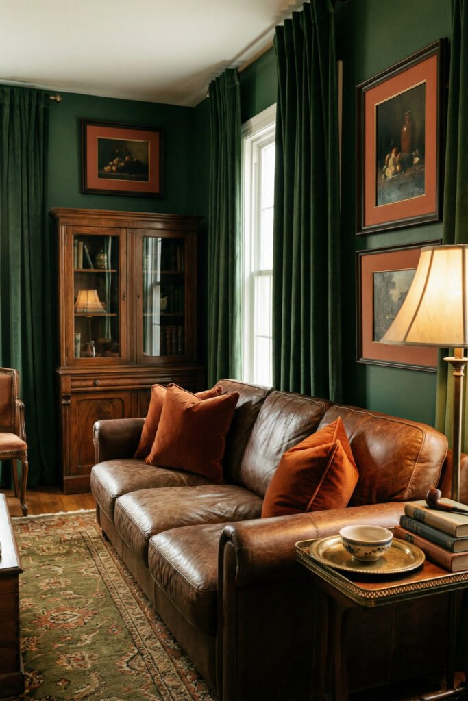 Green Burnt Orange Living Room Ideas With Rich, Easy Style 13 Brown leather sofa with rust pillows, dark green curtains, antique rug and wood cabinet in a dramatic green burnt orange living room