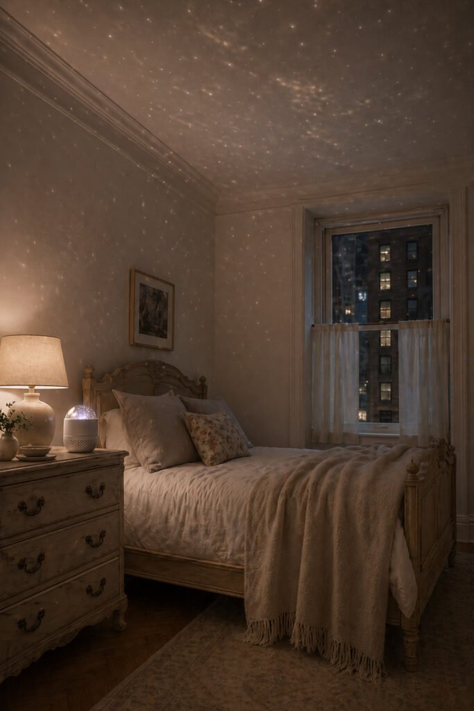 Vintage bedroom with starry ceiling projector, soft table lamp, ornate wood bed, city window, and cozy nighttime mood lighting.
