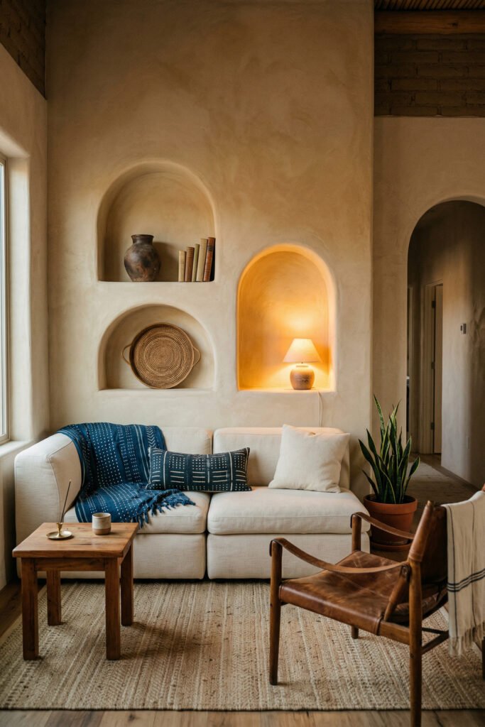 White sofa with indigo throw below arched plaster niches, glowing accent lamp, leather chair, and natural textures in a cozy Nubian Style nook.
