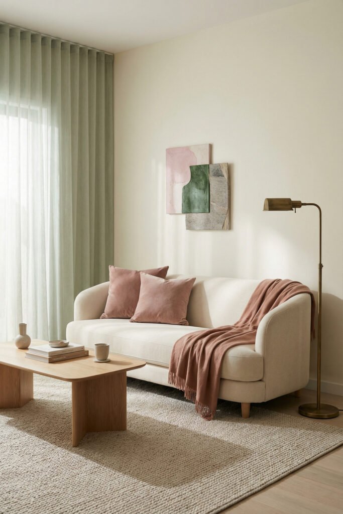 Sage Green Lounge Ideas for a Calm, Collected Living Room 13 Minimal lounge with cream curved sofa, blush throw and pillows, abstract art, brass floor lamp, and soft drapery in a calm pastel palette.
