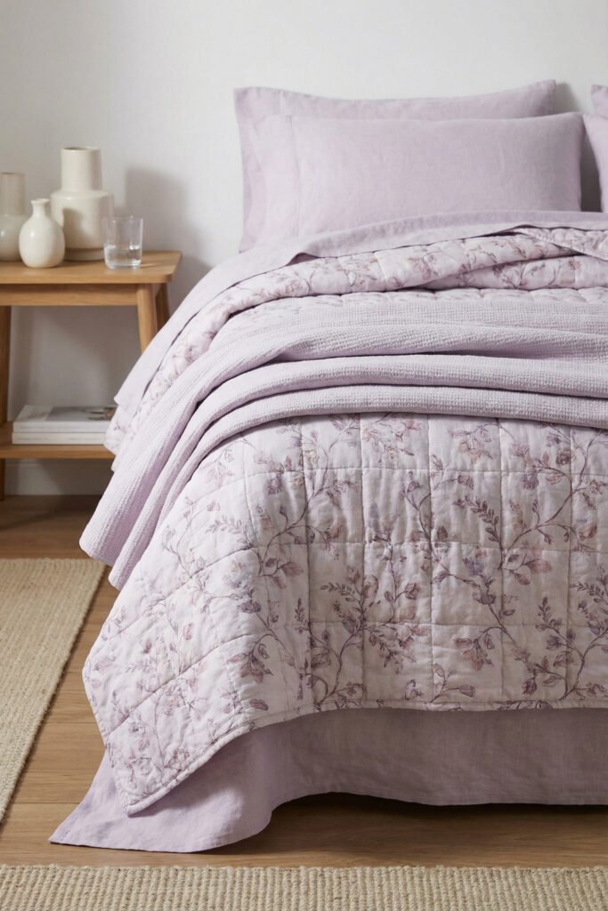 Spring Bedding Ideas for a Lighter, Fresher Bedroom 10 Soft lavender bedding with a floral quilt, layered lilac blankets, and pale wood accents creates a calm, romantic spring bedding look.