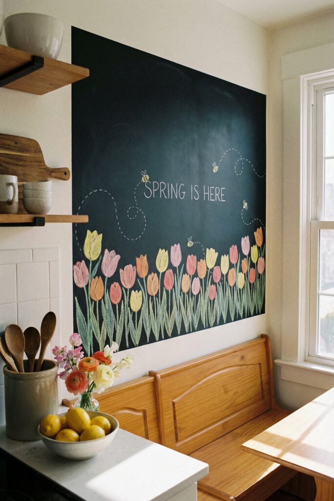 Spring Chalkboard Ideas That Feel Fresh and Easy to Style 10 Large kitchen chalkboard mural with pastel tulips, bees, and “Spring Is Here” above a wooden bench and lemons, showing bold spring chalkboard ideas for a breakfast nook.