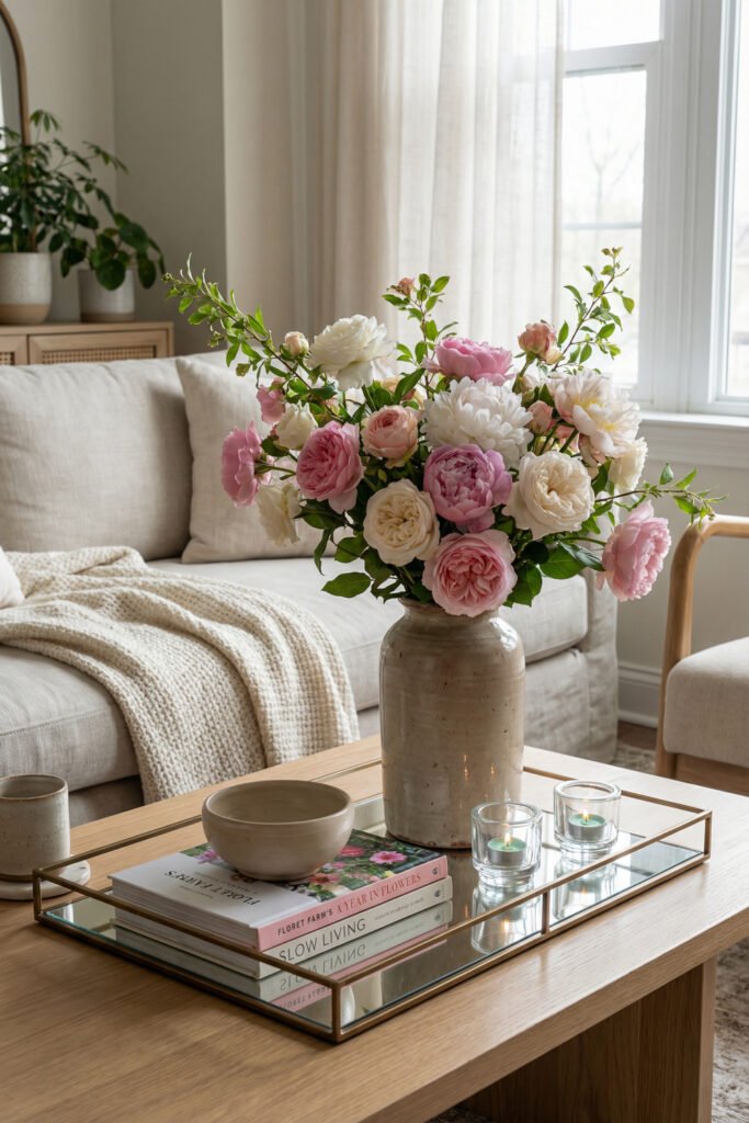 Mirror tray with garden roses, peonies, candles, and floral books on a wood coffee table adds romantic spring living room décor to a calm neutral space.
