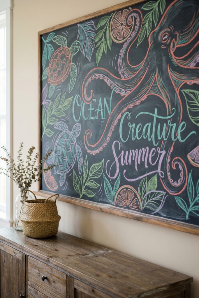 Summer Chalkboard Ideas That Brighten Every Corner 13 Large framed chalkboard reading Ocean Creature Summer with octopus, turtles, leaves, and citrus styled above a rustic sideboard for bold summer chalkboard ideas.