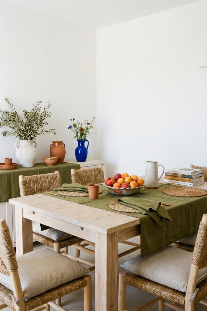 Summer Décor Ideas for an Airy, Collected Home 10 Natural dining room with green tablecloth, woven chairs, pottery, stone fruit, and neutral wood tones in collected summer decor.