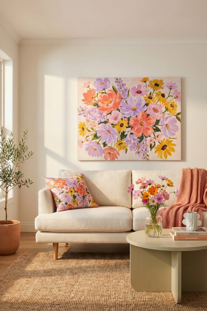 Bright living room with floral art, floral pillow, pink flowers, peach throw, and cream sofa styled in a romantic summer palette.
