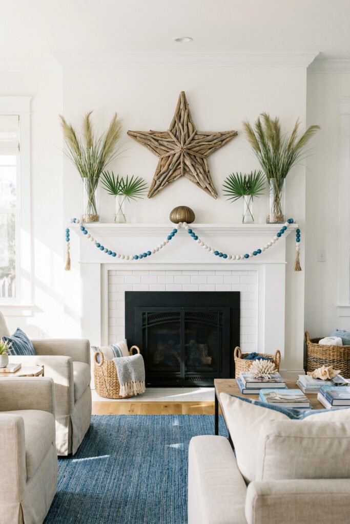 Bright coastal fireplace with driftwood star, blue bead garland, sea urchin accent, grasses, and woven baskets for easy summer mantle décor.
