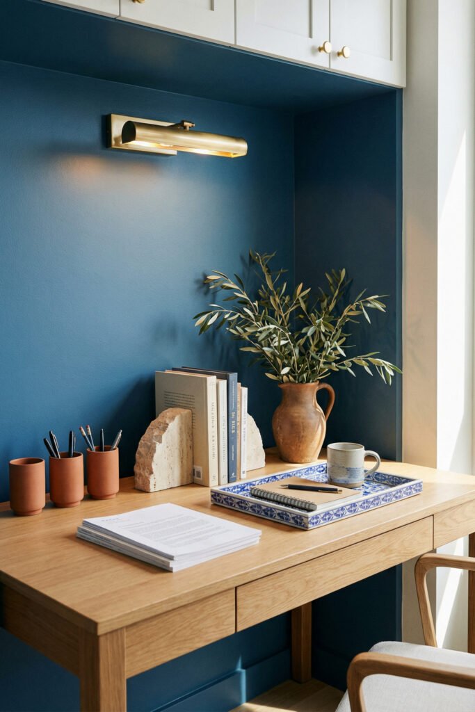 Wood desk in a navy alcove with brass sconce, books, terracotta cups, and olive branches for rich, tailored Summer Office Decor.
