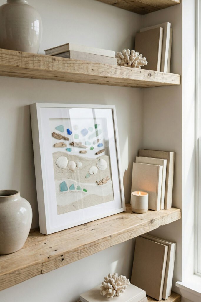Diy Beach Decor That Feels Fresh for Summer 14 Framed beach collage art with shells, sand, driftwood, and sea glass on open wood shelves, polished DIY beach decor idea.