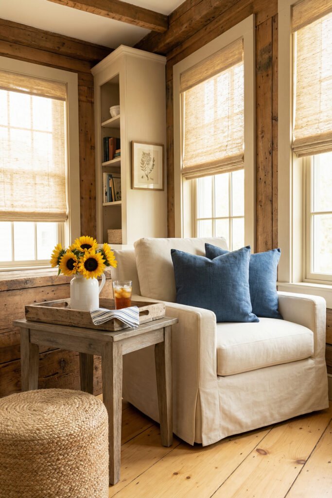 Rustic wood-paneled room with cream armchair, blue pillows, sunflowers, woven ottoman, and bamboo shades styled for cozy farmhouse summer decor.
