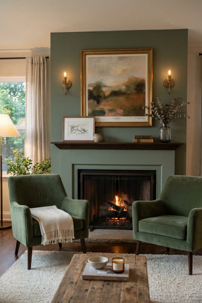 Green And Gold Room Ideas For A Stylish Living Room 14 Muted sage fireplace wall with framed landscape art, brass sconces, green chairs, and warm layered textures.