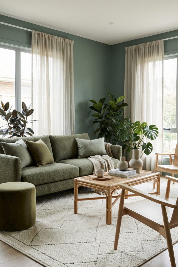 Green Boho Living Room Ideas With Relaxed Style 15 Modern green boho living room with blue-green walls, olive sofa, light wood chairs, monstera plants, and woven coffee table.