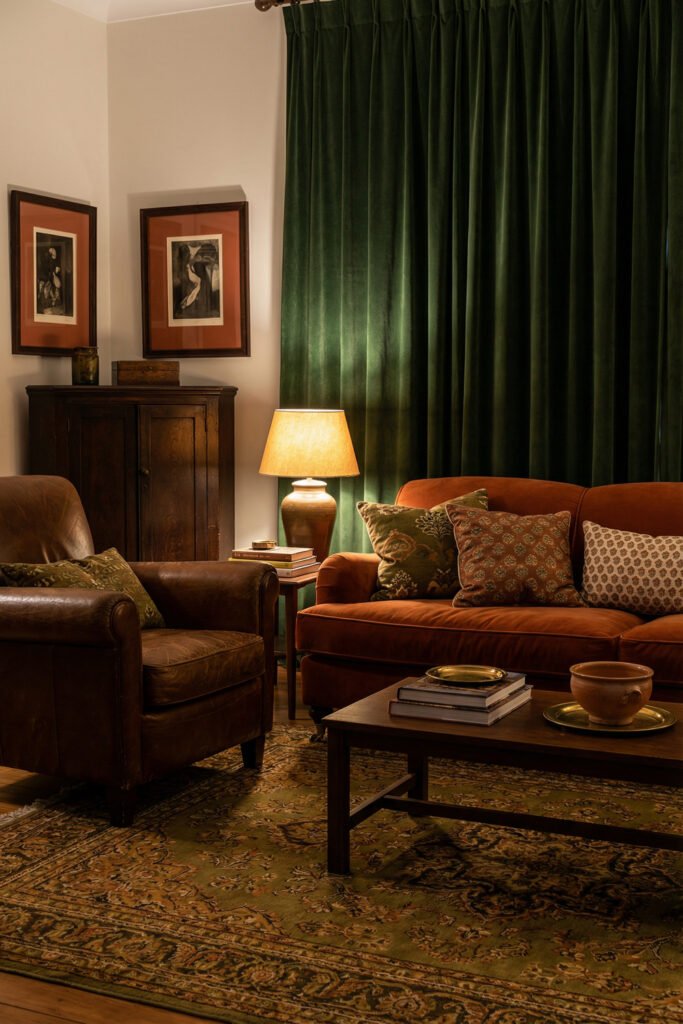 Green Burnt Orange Living Room Ideas With Rich, Easy Style 14 Burnt orange sofa, leather armchair, dark green curtains and antique rug in a moody green burnt orange living room