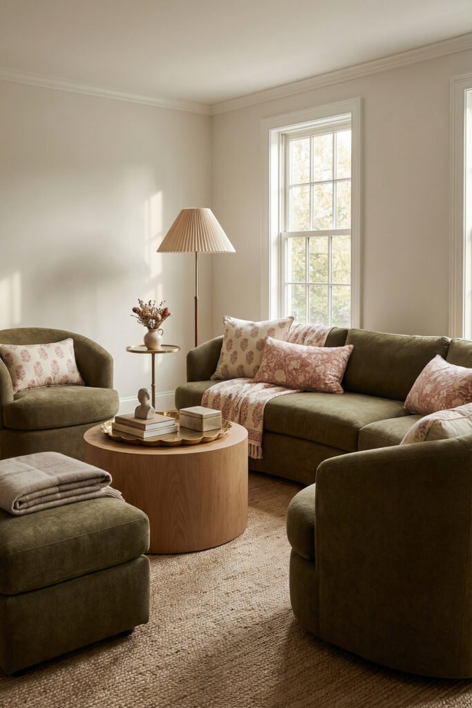 Olive Green Decor Ideas For A Layered Living Room 14 Olive sofa and chairs with pink patterned textiles, round wood coffee table, and tall lamp in a bright olive green decor living room.