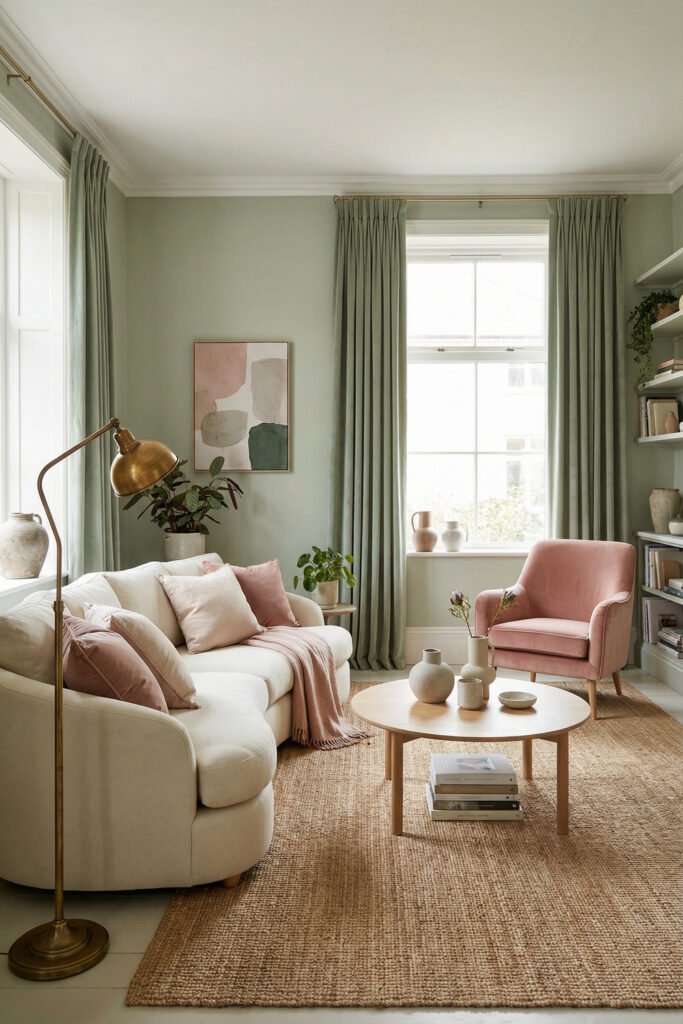 Sage Green Lounge Ideas for a Calm, Collected Living Room 14 Charming sitting room with sage walls, cream sofa, blush accent chair, pink textiles, brass lamp, round wood table, and built-in shelving.