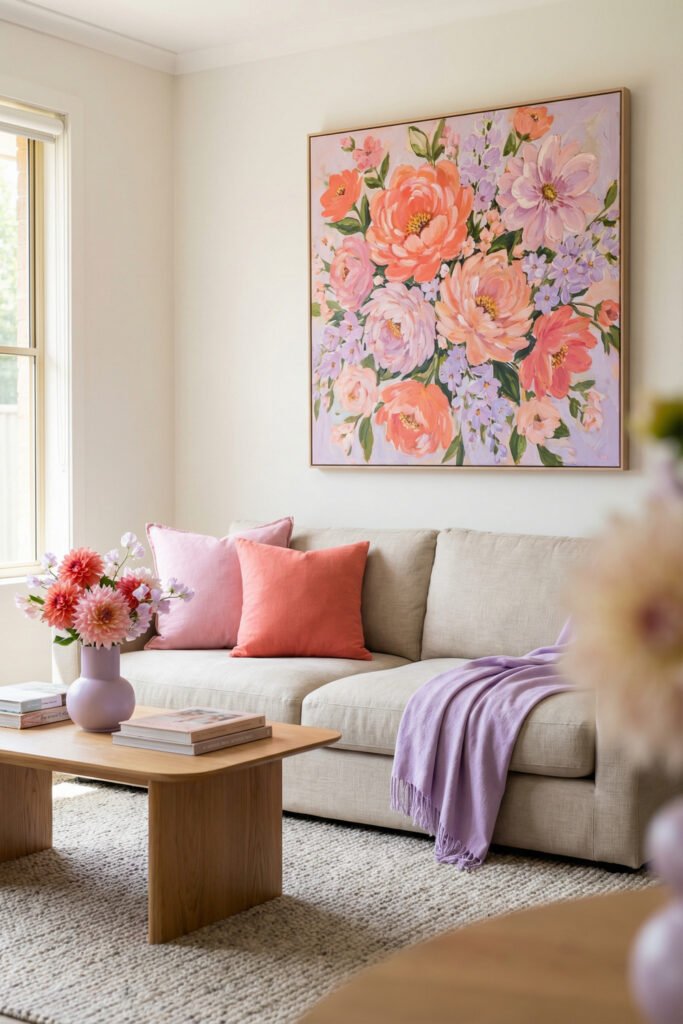 Pastel living room with pink and coral pillows, lavender throw, large floral painting, and light wood coffee table for feminine summer decor.
