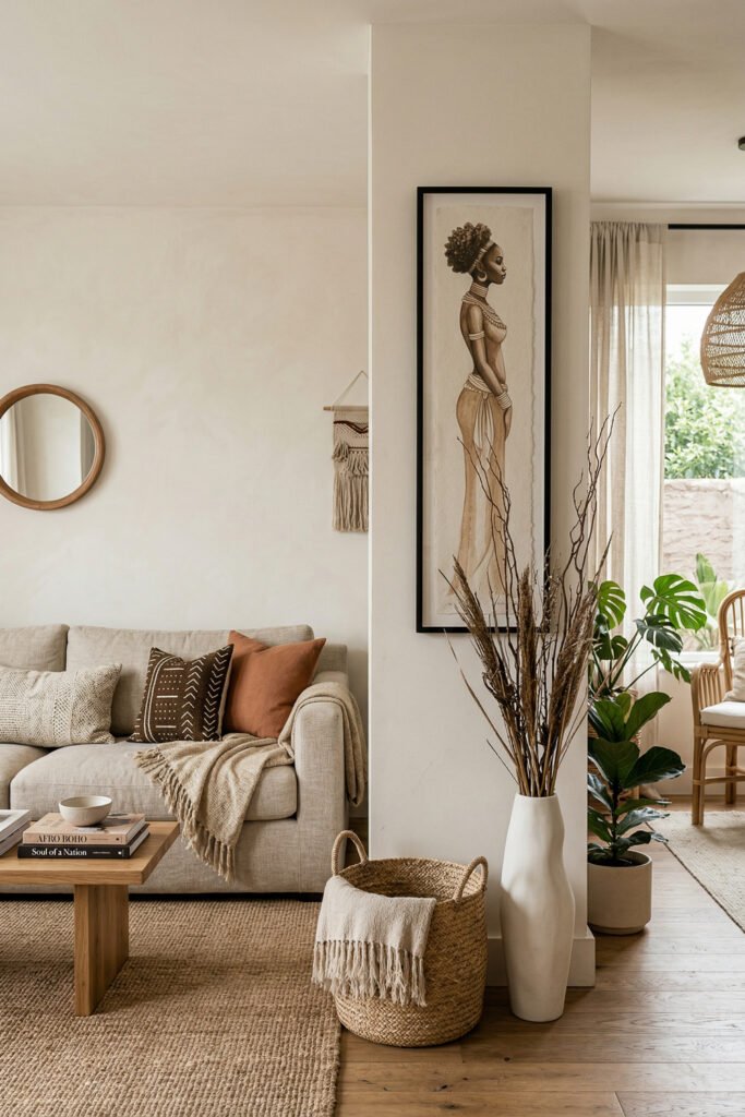 Soft neutral living room with a tall framed figure artwork, beige sofa, woven basket, white floor vase, wood table, and airy Afro Boho styling
