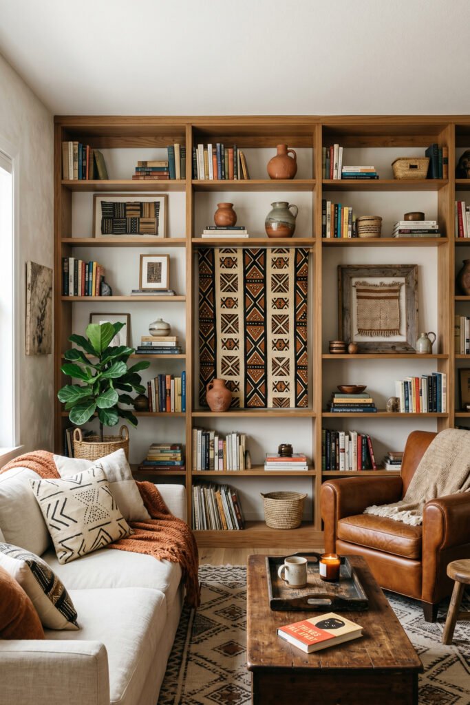 Built-in wood bookshelves styled with books, pottery, textiles, a white sofa, leather chair, and rustic table in an Afro Boho Decor living room.
