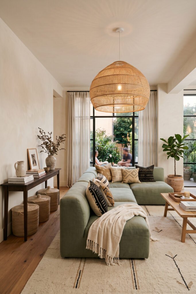 Airy living room with oversized wicker pendant, sage sectional, patterned pillows, console table, and large windows.
