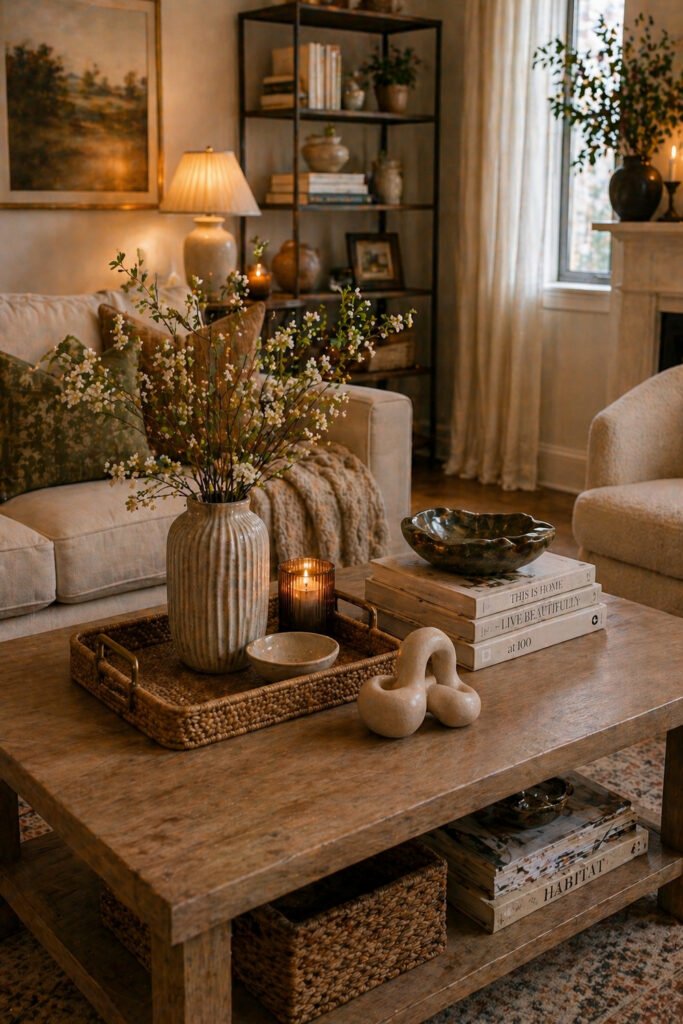 Wood coffee table with rattan tray, vase of branches, candle, books, and layered apartment vibes decor ideas
