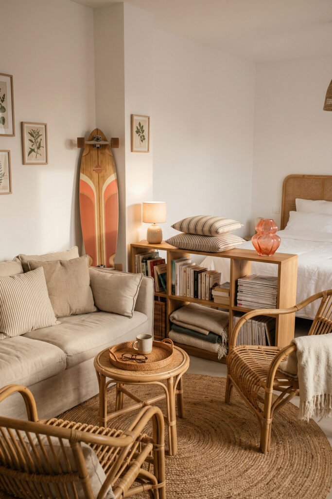 Beach Cottage Decor That Feels Fresh for Summer 10 Warm studio space with linen sofa, rattan chairs, jute rug, surfboard, open bookshelf, and bed nook for laid-back beach cottage decor.