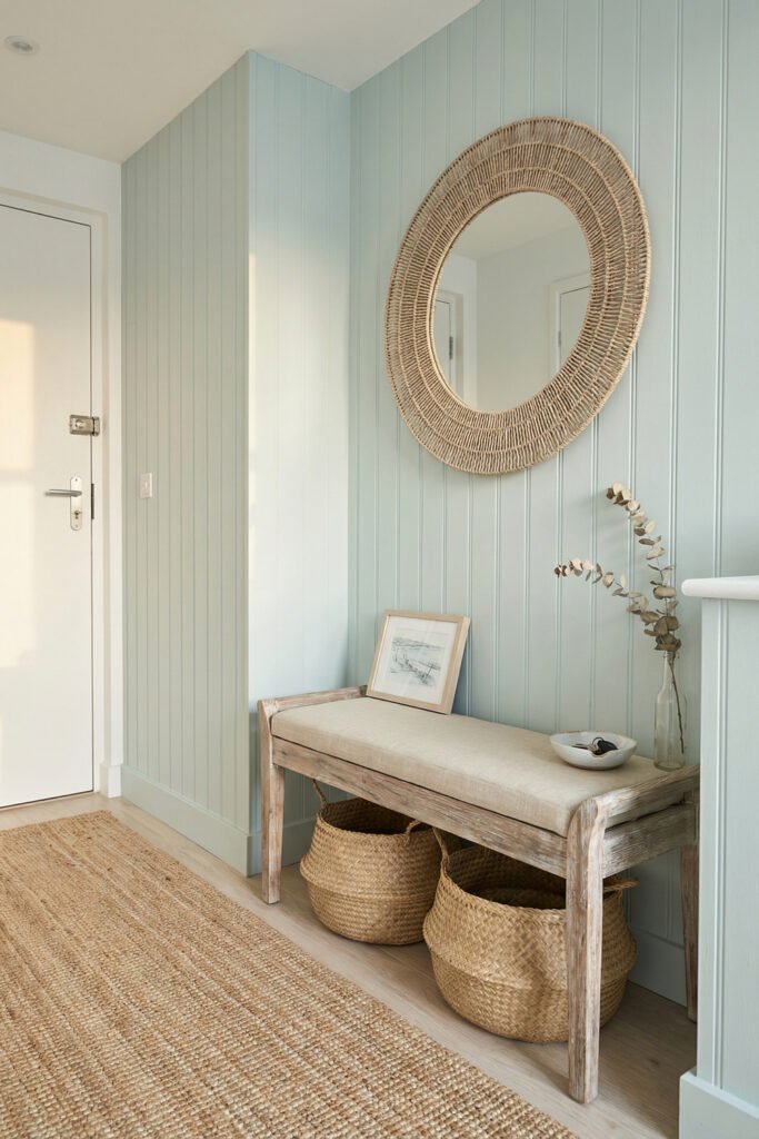 Coastal Summer Aesthetic Ideas for a Breezy Apartment 12 Entryway with pale blue beadboard walls, woven mirror, rustic bench, baskets, and jute runner styled in a breezy coastal summer aesthetic.