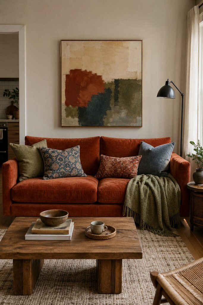 Rust velvet sofa with patterned pillows, abstract art, wood coffee table, soft throw, and colorful decor ideas with personality
